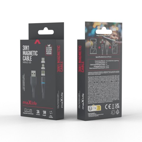 Maxlife kabel magnetyczny MXUC-03 USB - Lightning + USB-C + microUSB 1,0 m 3A czarny nylonowy