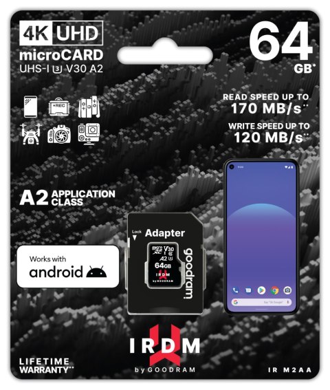 GoodRam karta pamięci IRDM 64GB microSD UHS-I U3 V30 z adapterem