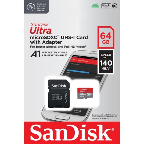 SanDisk karta pamięci Ultra Android microSDXC 64GB 140MB/s A1 Cl.10 UHS-I + adapter