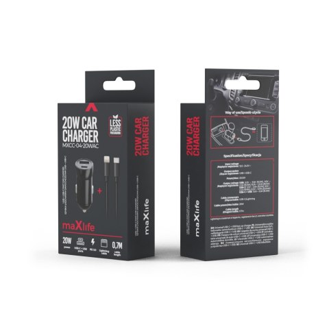 Maxlife ładowarka samochodowa PD QC MXCC-04 1x USB-C 1x USB 20W czarna + kabel USB-C - Lightning 27W