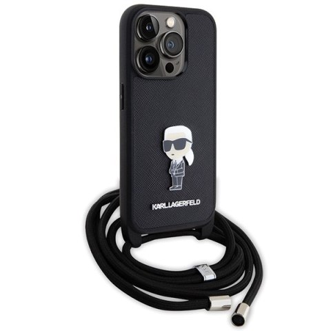 Karl Lagerfeld nakładka do iPhone 15 Pro 6,1" KLHCP15LSASKNPSK czarna HC Saffiano Ikonik Metal Pin Monogram Crossbody