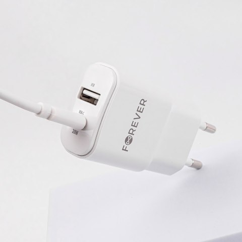 Forever ładowarka sieciowa PD QC TC-01-20AC 1x USB-C 1x USB 20W biała + kabel USB-C - Lightning 20W