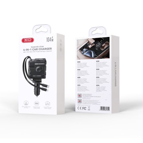 XO ładowarka samochodowa CC66 104W 1x USB 1x USB-C czarna z kablem USB-C i kablem Lightning