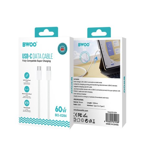 BWOO kabel USB-C - USB-C 1m 60W do iPhone 15 BO-X284 biały