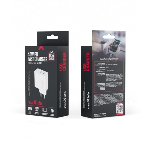 Maxlife ładowarka sieciowa PD QC MXTC-07-45AC 1x USB-C 1x USB 45W biała