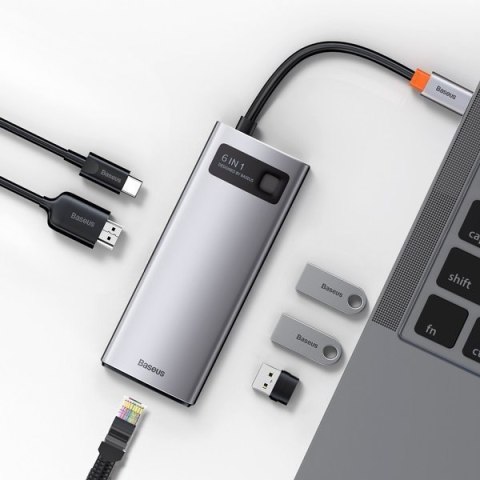 Baseus stacja dokująca Metal Gleam Series 6-in-1 Multifunctional Type-C HUB szara(Type-C to HDMI*1+USB3.0*3+PD*1+RJ45*1)
