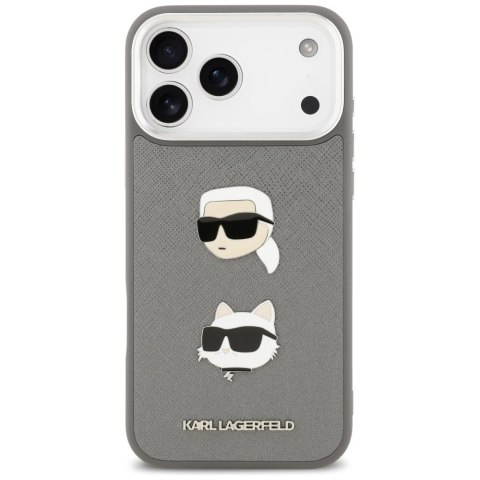 Karl Lagerfeld nakładka FW Grained Karl & Choupette Heads Pins & Logo do iPhone 17 Pro Max szara