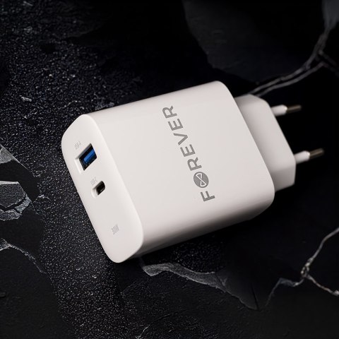 Forever ładowarka sieciowa PD QC TC-07-30AC 1x USB-C 1x USB 30W biała + kabel USB-C - USB-C 60W