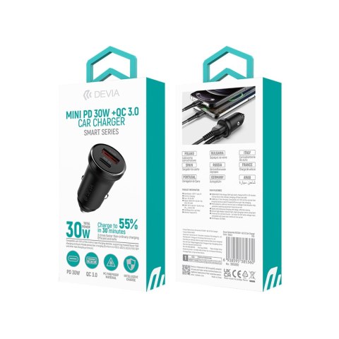Devia ładowarka samochodowa Smart Mini PD QC 3.0 30W 1x USB 1x USB-C biała
