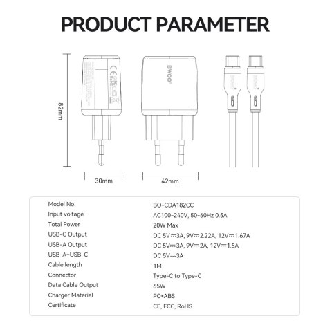 BWOO ładowarka sieciowa CDA182 QC 38W 1x USB-A + 1x USB-C 3,8A z kablem USB-C 1 m biała