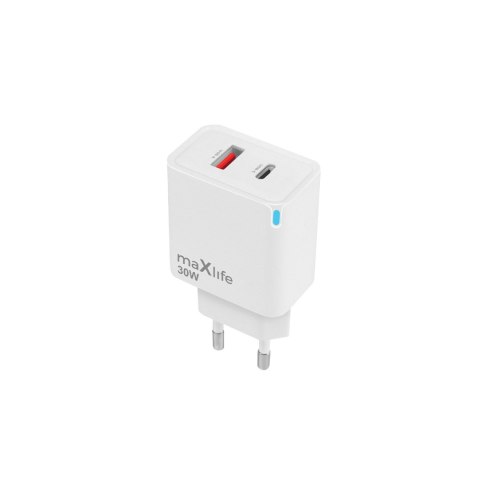Maxlife ładowarka sieciowa GaN PD QC MXTC-09-30AC 1x USB-C 1x USB 30W biała