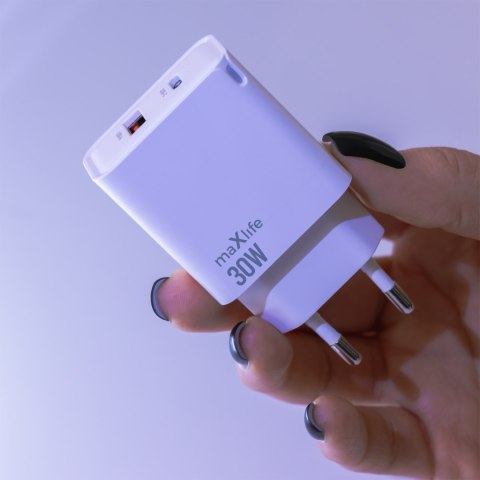 Maxlife ładowarka sieciowa GaN PD QC MXTC-09-30AC 1x USB-C 1x USB 30W biała