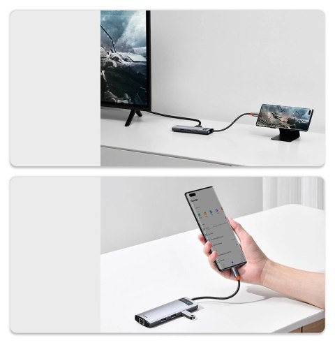 Hub Baseus Metal Gleam 8w1 USB-C - USB-C PD 100W 1x HDMI 4K 30Hz 1x czytnik kart SD i microSD 3x USB-A 3.2 1xRJ45 - szary