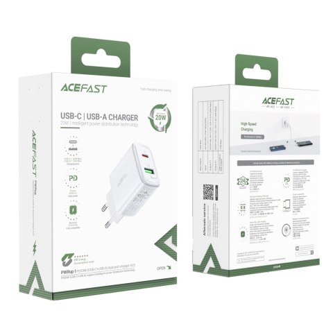 Acefast ładowarka sieciowa USB Typ C / USB 20W, PPS, PD, QC 3.0, AFC, FCP biały (A25 white)