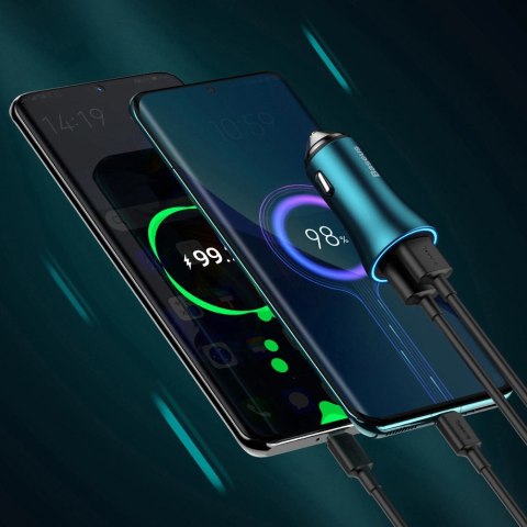 Baseus Golden Contactor Max szybka ładowarka samochodowa USB + USB typu C 60 W Quick Charge niebieski (CGJM000103)