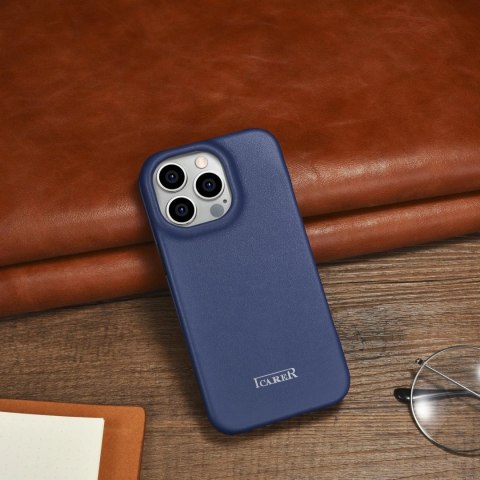 ICarer CE Premium Leather Folio Case skórzane etui iPhone 14 Pro z klapką magnetyczne MagSafe niebieski (WMI14220714-BU)