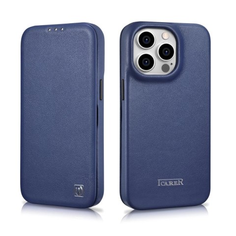 ICarer CE Premium Leather Folio Case skórzane etui iPhone 14 Pro z klapką magnetyczne MagSafe niebieski (WMI14220714-BU)