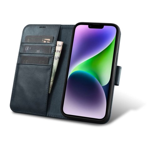 ICarer Oil Wax Wallet Case 2in1 etui iPhone 14 Plus skórzany pokrowiec z klapką Anti-RFID niebieski (WMI14220723-BU)