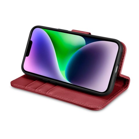 ICarer Wallet Case 2in1 etui iPhone 14 Plus skórzany pokrowiec z klapką Anti-RFID czerwony (WMI14220727-RD)