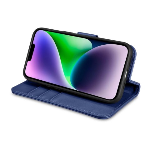 ICarer Wallet Case 2in1 etui iPhone 14 Plus skórzany pokrowiec z klapką Anti-RFID niebieski (WMI14220727-BU)