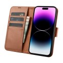 ICarer Wallet Case 2in1 etui iPhone 14 Pro skórzany pokrowiec z klapką Anti-RFID brązowy (WMI14220726-BN)