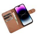 ICarer Wallet Case 2in1 etui iPhone 14 Pro skórzany pokrowiec z klapką Anti-RFID brązowy (WMI14220726-BN)