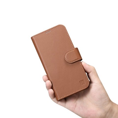 ICarer Wallet Case 2in1 etui iPhone 14 Pro skórzany pokrowiec z klapką Anti-RFID brązowy (WMI14220726-BN)