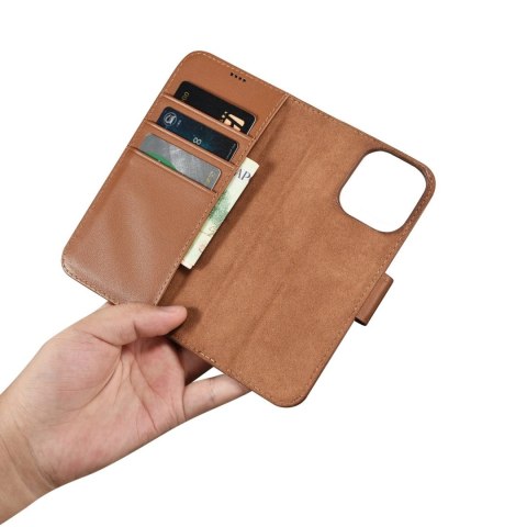 ICarer Wallet Case 2in1 etui iPhone 14 Pro skórzany pokrowiec z klapką Anti-RFID brązowy (WMI14220726-BN)