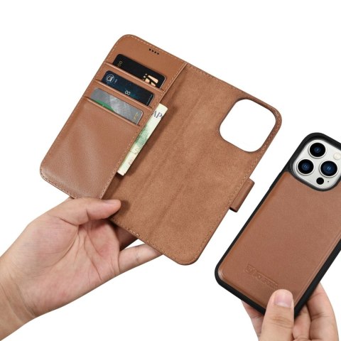 ICarer Wallet Case 2in1 etui iPhone 14 Pro skórzany pokrowiec z klapką Anti-RFID brązowy (WMI14220726-BN)