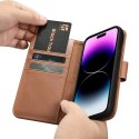 ICarer Wallet Case 2in1 etui iPhone 14 Pro skórzany pokrowiec z klapką Anti-RFID brązowy (WMI14220726-BN)
