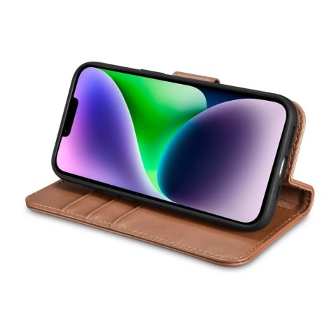 ICarer Wallet Case 2in1 etui iPhone 14 skórzany pokrowiec z klapką Anti-RFID brązowy (WMI14220725-BN)