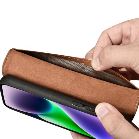ICarer Wallet Case 2in1 etui iPhone 14 skórzany pokrowiec z klapką Anti-RFID brązowy (WMI14220725-BN)