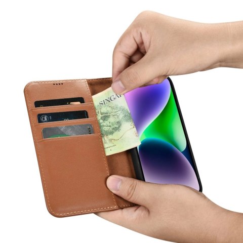 ICarer Wallet Case 2in1 etui iPhone 14 skórzany pokrowiec z klapką Anti-RFID brązowy (WMI14220725-BN)