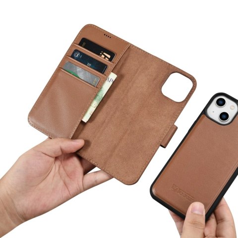 ICarer Wallet Case 2in1 etui iPhone 14 skórzany pokrowiec z klapką Anti-RFID brązowy (WMI14220725-BN)