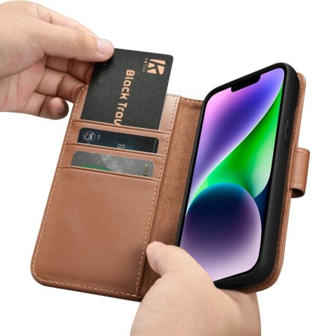 ICarer Wallet Case 2in1 etui iPhone 14 skórzany pokrowiec z klapką Anti-RFID brązowy (WMI14220725-BN)
