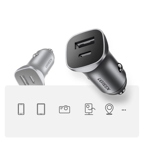 Ładowarka samochodowa Ugreen CD130 USB-A / USB-C 30W - szara