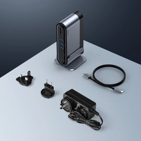 HUB Baseus CAHUB-DG0G 3x USB 3.2 Gen 1 / 2x USB-A / 2x USB-C / czytnik kart SD, micro SD / AUX / 3x HDMI / RJ45 PD 100W (wtyczki