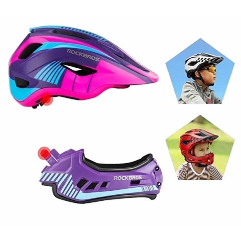 Kask rowerowy Rockbros TT-32SBPP-M dziecięcy z odpinaną szczęką rozmiar M - fioletowo-różowy
