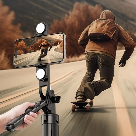 Wozinsky Selfie stick WH181D-Y1S teleskopowy statyw 1.75m ze stopu aluminium z podwójną lampą i uchwytem na telefon - czarny