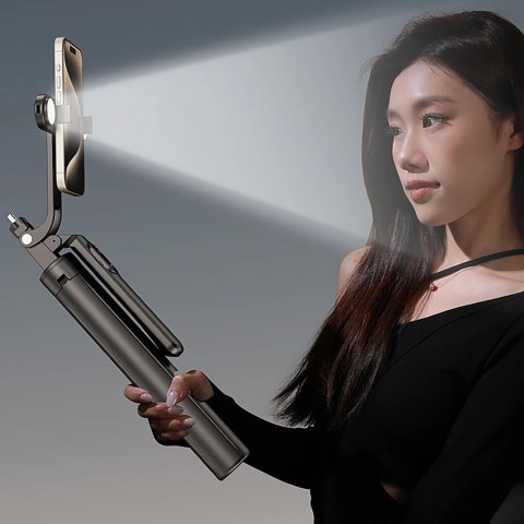 Wozinsky Selfie stick WH181D-Y1S teleskopowy statyw 1.75m ze stopu aluminium z podwójną lampą i uchwytem na telefon - czarny