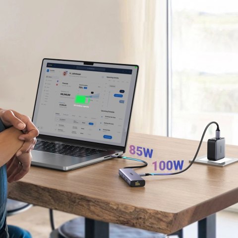 HUB Ugreen CM512 15598 6w1 USB-C - 3x USB-A 3.0 / HDMI / RJ45 / USB-C PD - szary