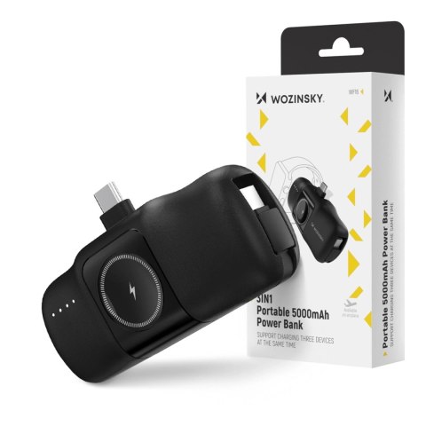 Mini powerbank Wozinsky WF16-YCS 5000mAh 15W USB-C z wbudowanym kablem USB-C i ładowarką do Apple Watch - czarny