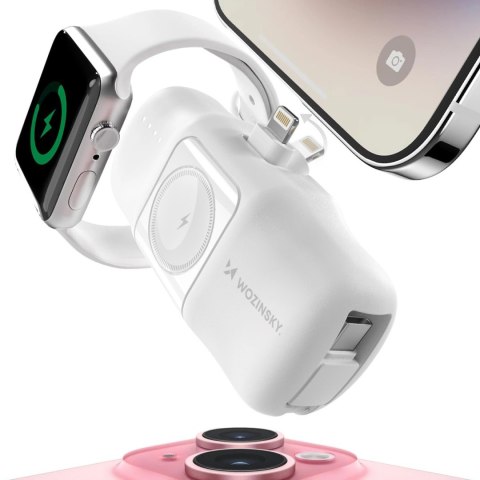 Mini powerbank Wozinsky WF16-YLS 5000mAh 15W Lightning z wbudowanym kablem USB-C i ładowarką do Apple Watch - biały