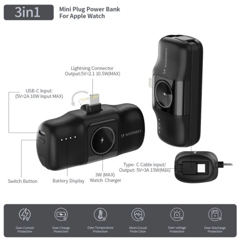 Mini powerbank Wozinsky WF16-YLS 5000mAh 15W Lightning z wbudowanym kablem USB-C i ładowarką do Apple Watch - czarny