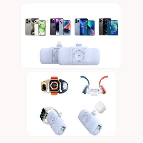 Mini powerbank Wozinsky WF16-YLS 5000mAh 15W Lightning z wbudowanym kablem USB-C i ładowarką do Apple Watch - niebieski