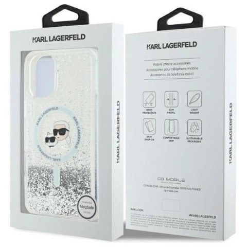 Etui Karl Lagerfeld Liquid Glitter Karl & Choupette Head Magsafe na iPhone 16 Plus - przezroczyste