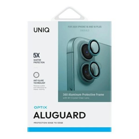 Szkło na aparat UNIQ Optix Aluminium Camera Lens Protector z aplikatorem na iPhone 16 / iPhone 16 Plus - zielone