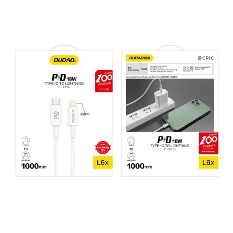 Kabel Dudao L6X USB-C - Lightning PD 20W 1m - biały