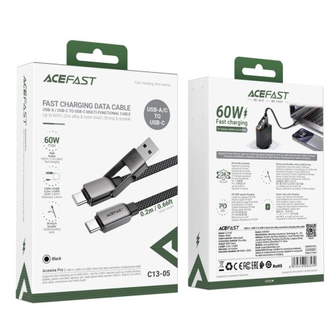Kabel Acefast C13-05 USB-C - USB-A / USB-C 480Mb/s 3A 0.2m - czarny