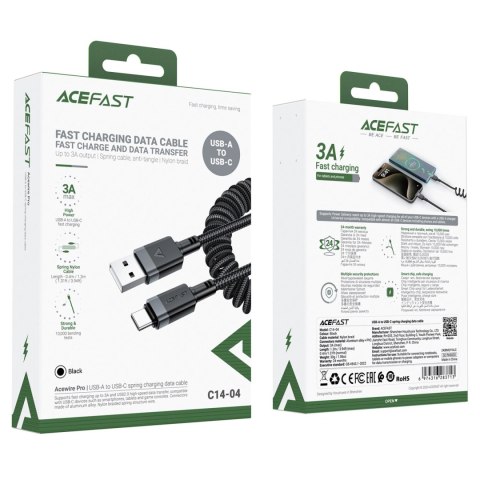 Kabel Acefast C14-04 USB-A - USB-C sprężynowy 480Mb/s 3A 1.2m - czarny